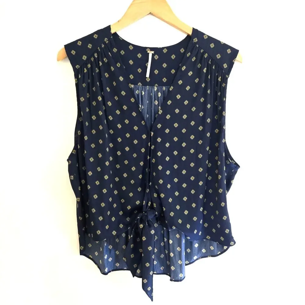 Free People Mornings In Marrakesh Navy Tie Front Sleeveless Satin Blouse Top M